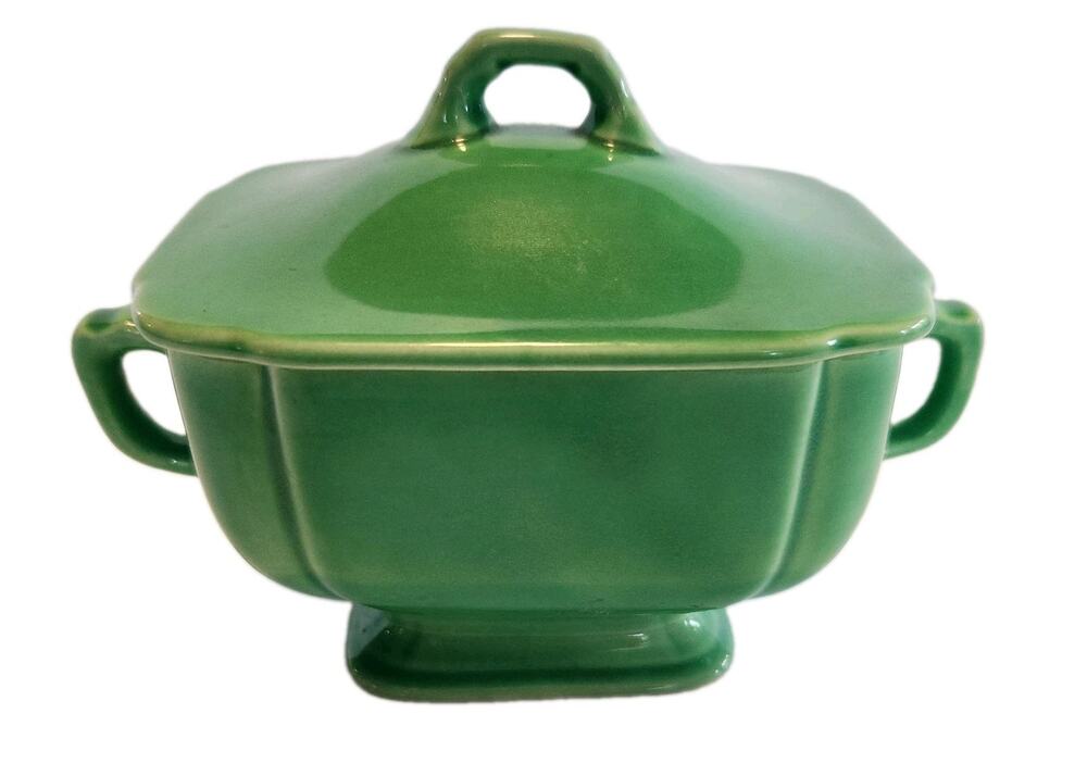 Vintage Art Deco Homer Laughlin Riviera Lidded Green Sugar Bowl 1930s 40s
